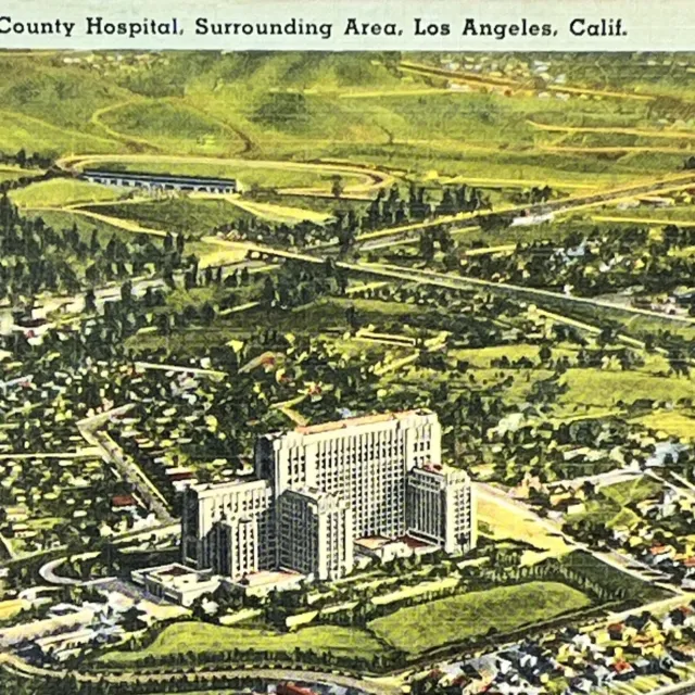 Vintage Los Angeles, CA Linen Postcard Aerial View County Hospital Area Unposted