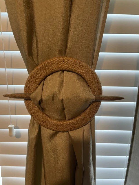 Beautiful Drapery Curtain Tiebacks Holdbacks - Set of 3 - Wood and Jute