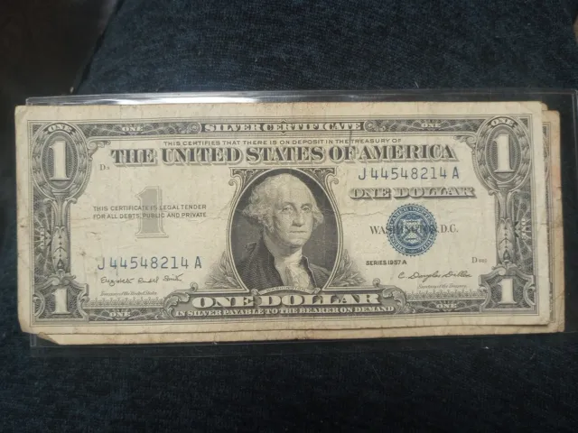 One 1957 Blue Seal $1 Dollar Silver Certificate, Old US One Dollar Bill