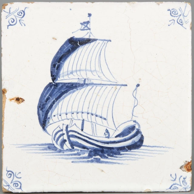 Nice Dutch Delft Blue tile, sailboat, 17th. century.