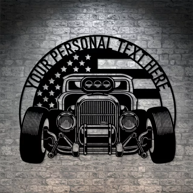 Personalized American Rat Rod Name Metal Sign. Custom Patriotic US Garage Decor