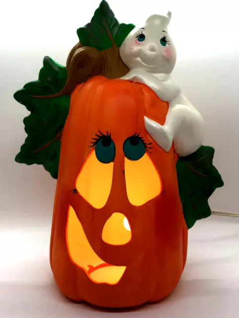 Lighted Halloween Ceramic Jack-O-Lantern Pumpkin Lamp Friendly Ghost VTG 10.75"