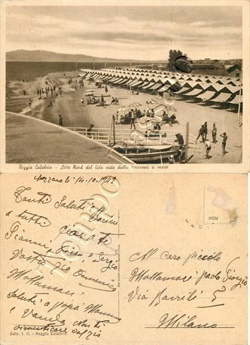 Cartolina di Reggio Calabria, spiaggia con bagnanti - 1942