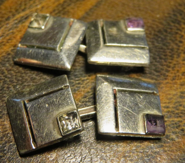 Boutons De Manchettes Art Déco Anciens En Argent Sterling Avec Améthyste Et Saphir Blanc - Très Bon état