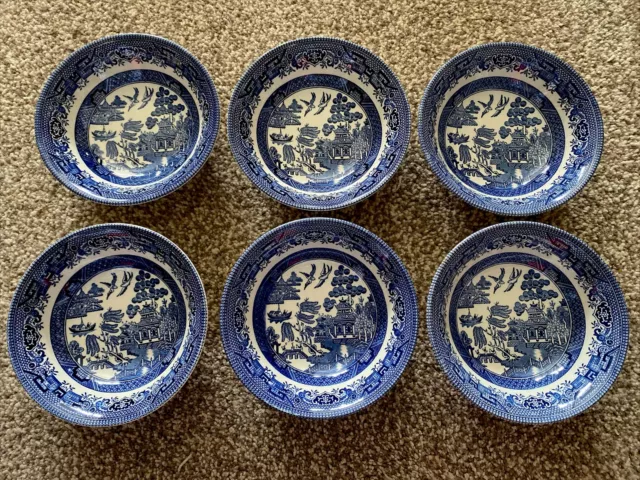 Churchill Willow Pattern Dessert Cereal Soup Bowls Blue and White X 6 Vintage