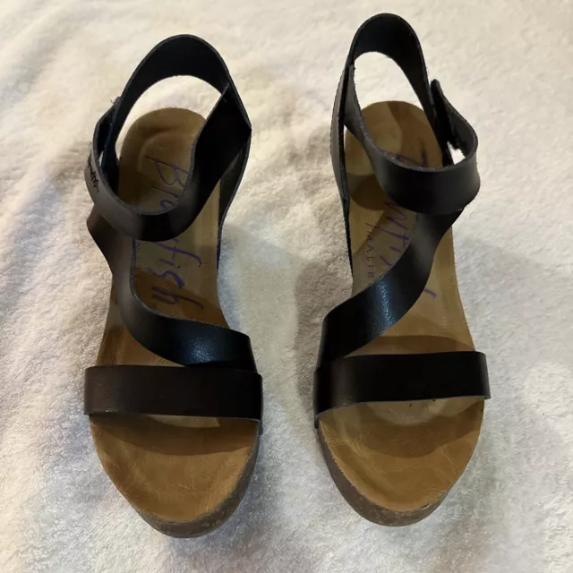 Blowfish Malibu Sandals Womens 9 Hapuku Open Toe Strappy Wedge Black Hook&Loop