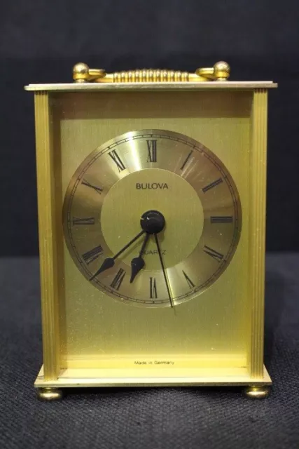 Vintage Bulova Quartz Carriage/Mantle Brushed Brass 5" Clock B2616 Germany