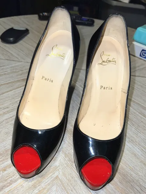 Christian Louboutin Womens Patent Leather Peep Toe Stilettos Black SZ 39(US 8.5)