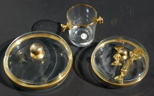 2 Glasschalen mit Deckel, 1 Glasbecher, Siegl 24 Karat vergoldet, 2 Goldbonbons