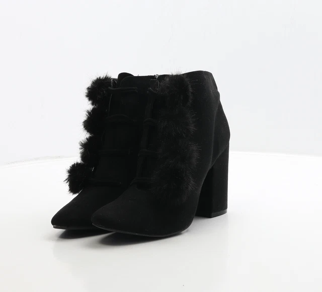 Primark Womens Black Suede Bootie Boot UK 6 EU 39 - Fluffy Detail