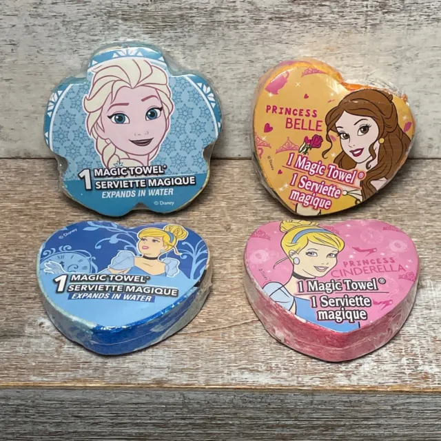 Lote de 4 Toallas Mágicas Disney Princess FACE: 2 Cenicienta, 1 Congelada, 1 Hermosa Nueva