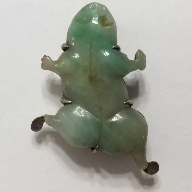 RARE c.1910 CHINESE SILVER & JADE CARVED FROG DRESS PIN GREEN CHINA STERLING