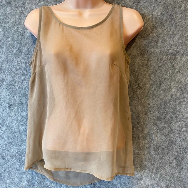 Camicia vintage 3 Suisses anni 1980-90 serbatoio senza maniche beige trasparente 8-10 scintillante