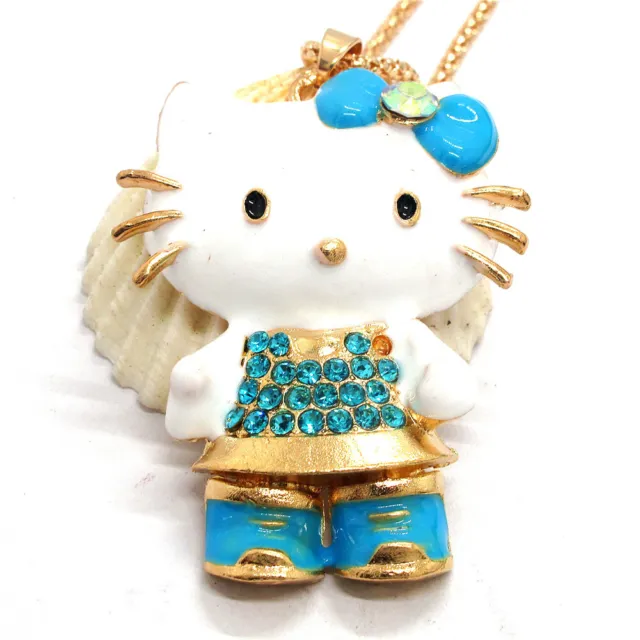 Hot Blue Enamel Cute Bow Kitty Cat Crystal Betsey Johnson Sweater Chain Necklace