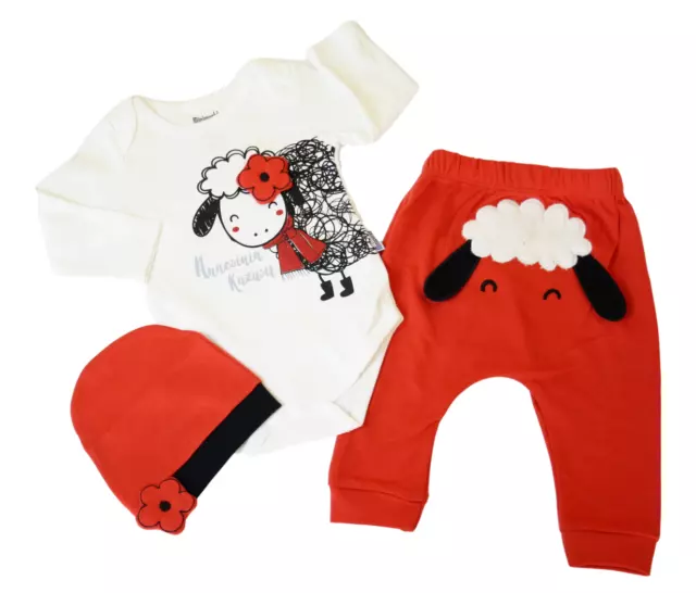 Neu 3tlg Babyset Baby Body Hose Mütze Rot Schaf 62 68 74 Mädchen Annesinin Kuzu