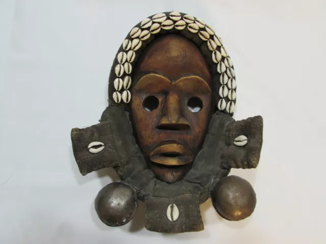 Vintage African Dan Mask Ceremonial Worn Tribal Carved Wood Cloth Cowry Shell  