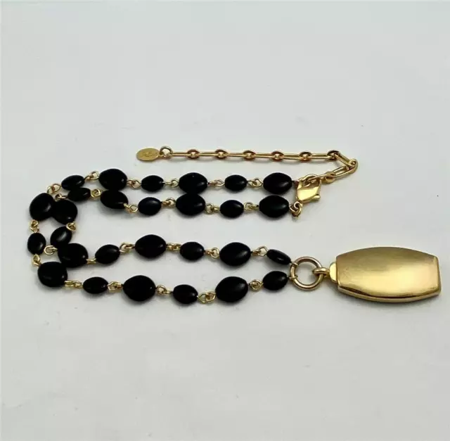 Liz Claiborne Black Glass Beads Gold Tone Black Enamel Pendant Necklace 20" 3