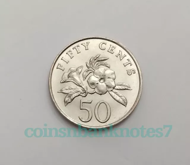 1988 Singapore 50 Cents Coin, KM53.1 Uncirculated / Flower
