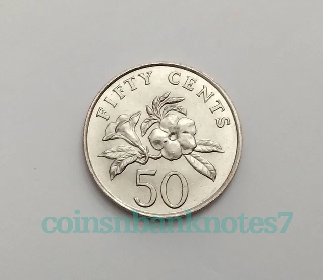 1988 Singapore 50 Cents Coin, KM53.1 Uncirculated / Flower