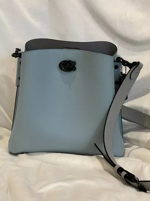 Coach Small Colorblock Leather Willow Silver Tone Bucket Crossbody Bag - Grey Blue Multi