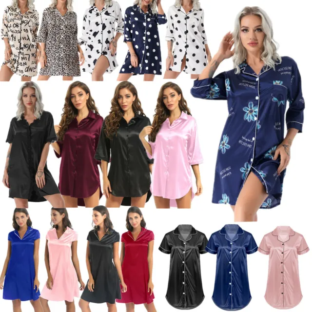 Women Satin Nightdress Button Down 3/4 Sleeve Sleepshirts Sleepwear Shirt Dress