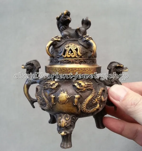 Chinese Old Bronze Gilt Dragon Foo Dog Lion Beast Statue Incense Burners Censer 3