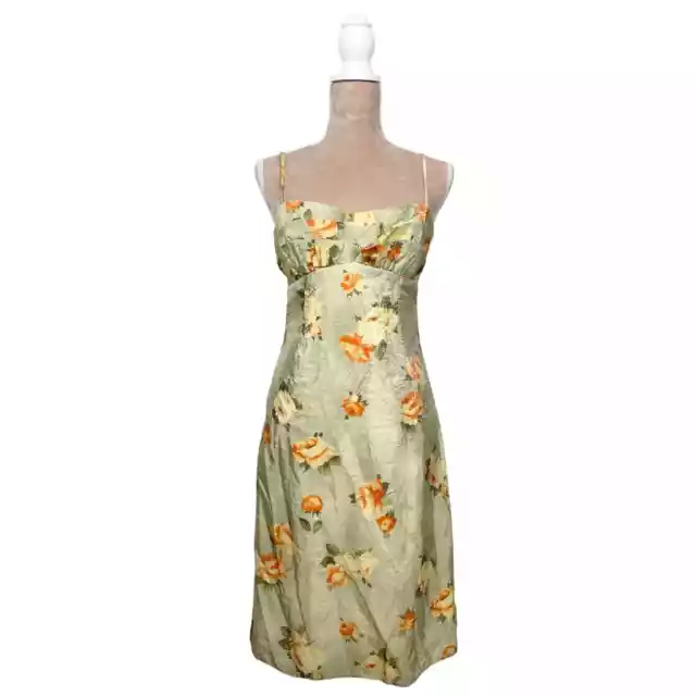 Vintage Nanette Lepore Crinkled Silk Sage Green Floral Dress Strapless Size 8