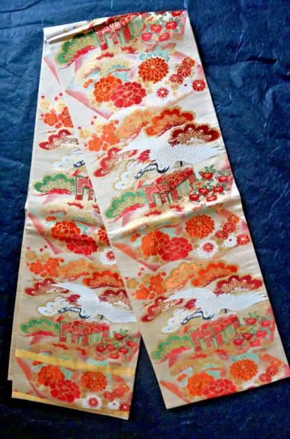 Maru Obi Japanese Kimono Antique Woven Classic Belt Silk Crane House Flower Gold