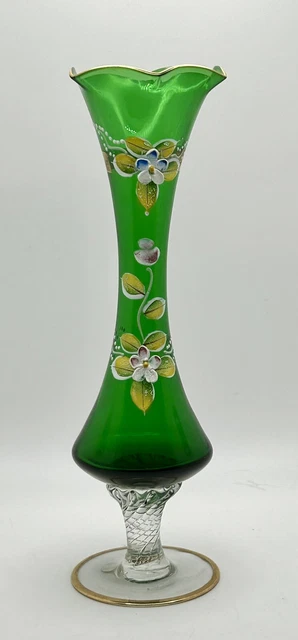 VINTAGE GREEN GLASS Footed Bud Vase Gold Trim Hand Painted Flowers ...