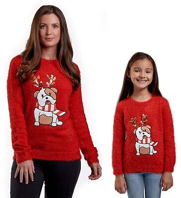 Natale ponticelli Rosso MAMME & figlie corrispondenti Carino Bull Dog Natale Mini Me Girl