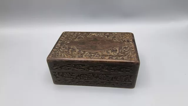VTG Indian Hand Crafted Carved Wooden Brass Leaf Inlay Jewelry Trinket Box Stash