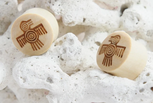 Pair Organic Handmade Carved Crocodile Wood Ear Plugs Aztec Bird Gauges 00G-1"