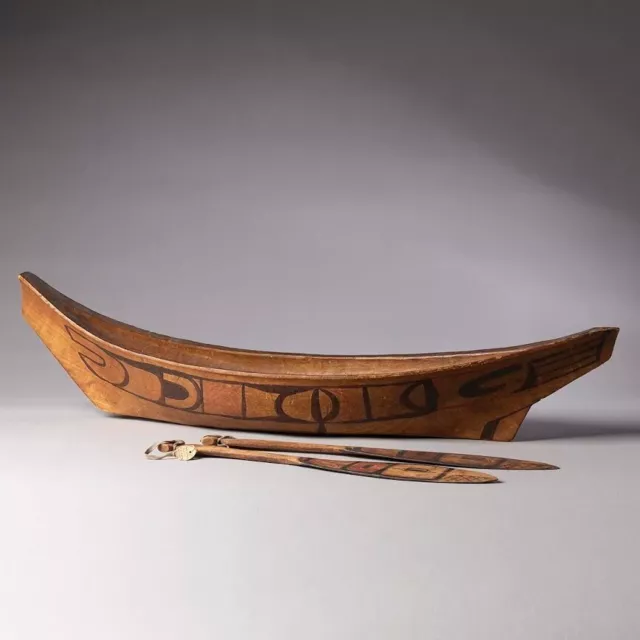 Rare 19Th Century Tlingit Model Canoe With Paddles Old Labels - Stunning!