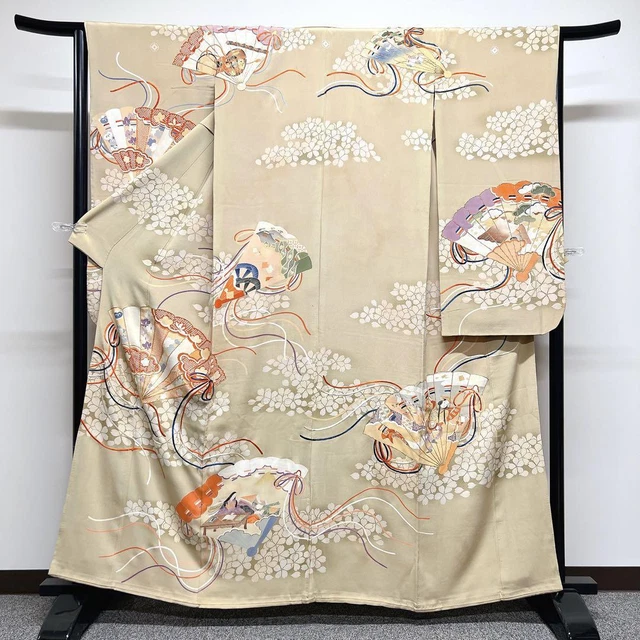 Antique furisode beige gold embroidery fan pattern Japanese kimono