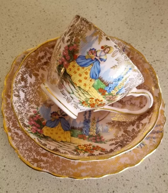 Vintage Colclough English Bone China Gold Chintz Crinoline Lady PINK Trio A/F