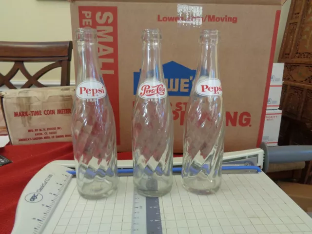 Three (3) Vintage 1960's Pepsi-Cola 8 Ounce Clear Glass  Swirl Two-Sided Bottles