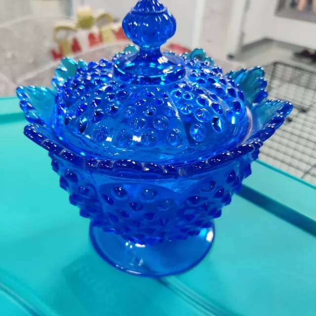 Vtg Fenton Blue Opalescent Hobnail Covered Candy Dish With Lid Trinket Bowl Jar