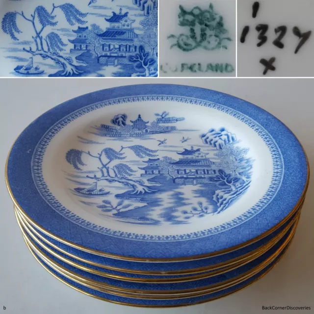 6 Antique 1879 Copeland '1327' WILLOW BLUE 6¾" Bread / Dessert Plates. Gold Edge