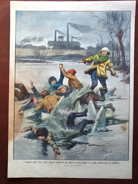 Retrocopertina Domenica Corriere nr. 50 del 1910  Stagno Ghiacciato in Ungheria