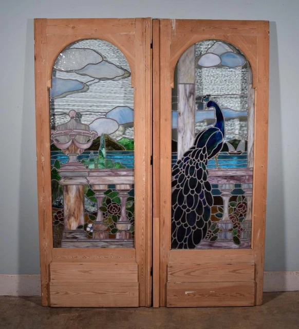 *Beautiful Pair of Pine Antique French Stained/Leaded Glass Doors with Peacock 2
