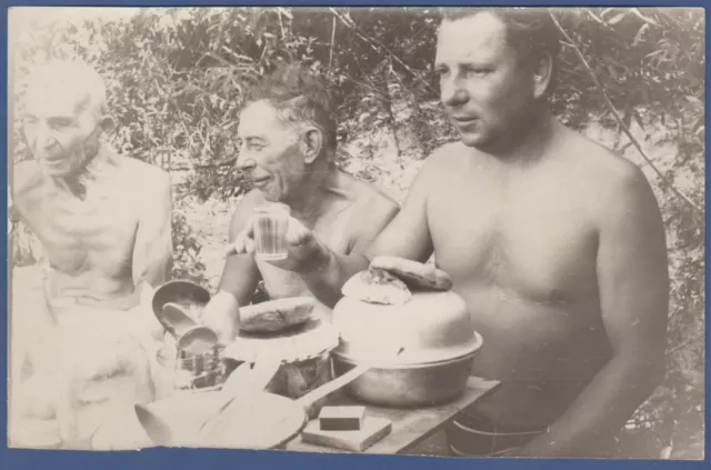 Handsome Guys drinking vodka, naked torso, bulge Soviet Vintage Photo USSR