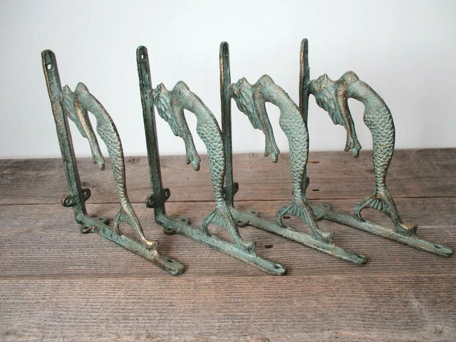 4 Cast Iron MERMAID Brackets Garden Braces Shelf Bracket Corbels Beach Nautical