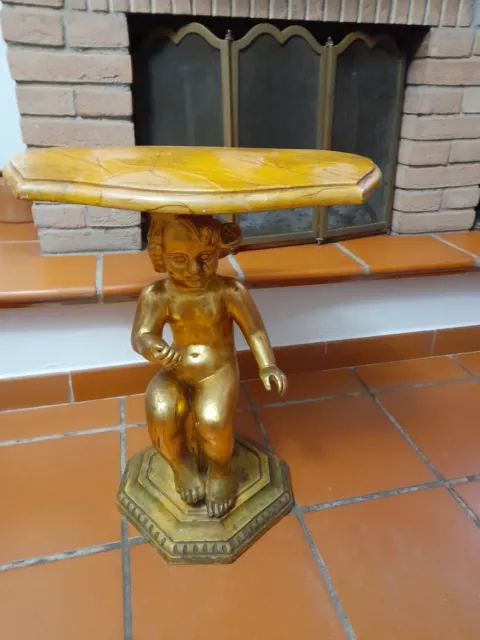 Putto Legno Scolpito E Dorato - Base Finto Marmo - Consolina Barocchetto - 1960