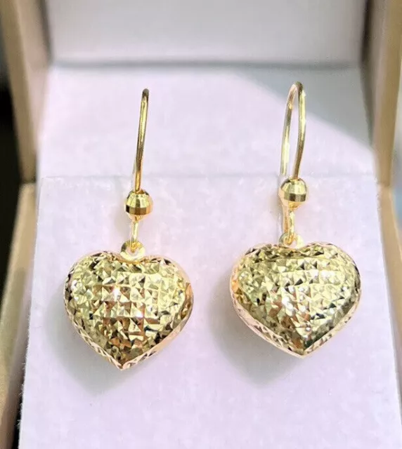 Shiny Puffed 14k Yellow Gold Plated Heart Dangle Leverback Diamond Cut Earrings