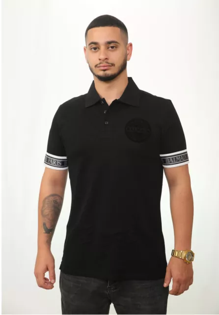 RRP $460 BALMAIN Polo Shirt Tape Logo Black Size M 100% Authentic