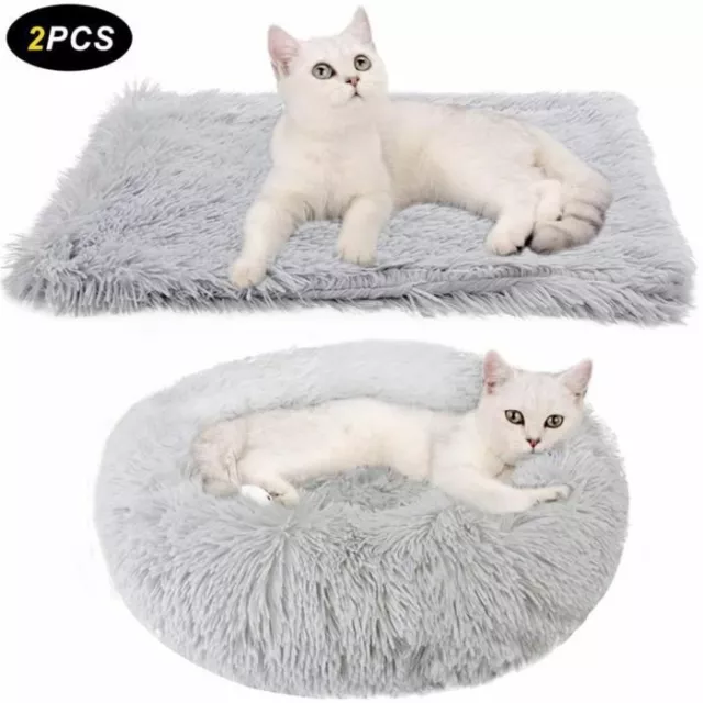 Lot 2 Pièces Panier Coussin Rond Doux + Tapis Lit Pour Animaux Chat Chien 50 Cm.