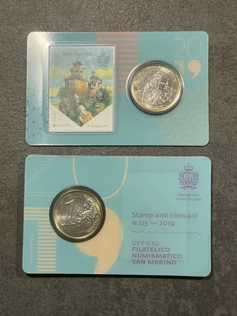 San Marino Stamp and Coin Card Nummer 3 mit 1 Euro Münze 2019 95 Cent Briefmarke