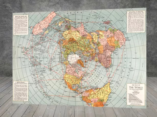 1943 Flat Earth World War II Map Polar Azimuthal poster print wall canvas 580