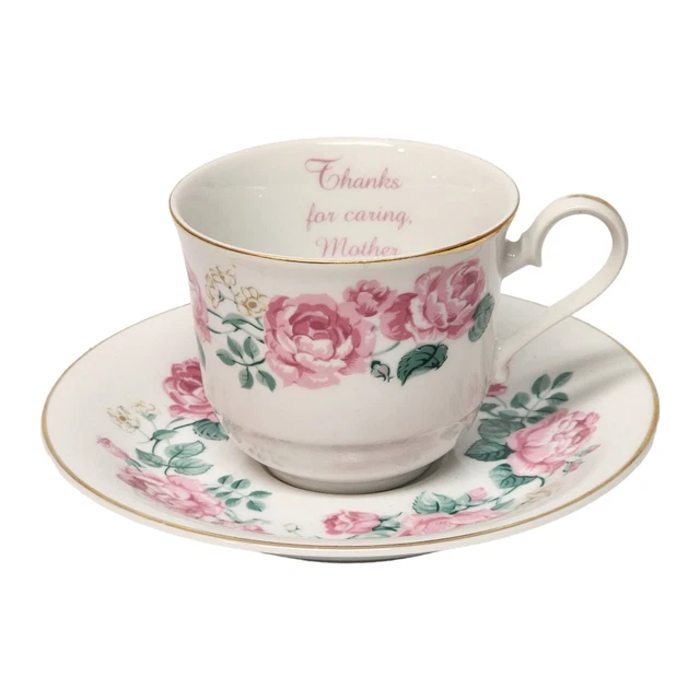 Taza y platillo de colección Mother's Love rosa floral 1986 colección A Summet exclusiva