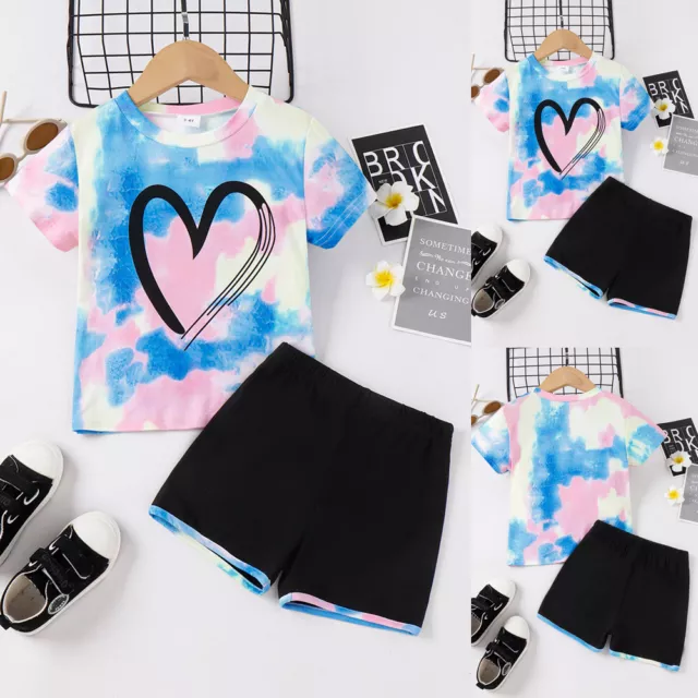 UK Summer Kids Girls Outfits Clothes Heart Print T-shirt Tops + Shorts Pants Set